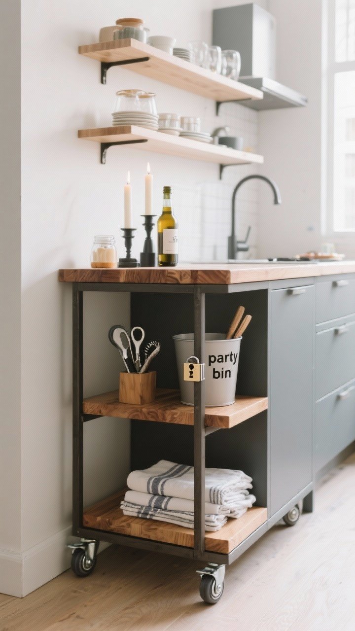 Detail/medium hybrid — A modular island on lockable casters in a small apartment kitchen. Open shelving keeps it visually light, topped with warm butcher block. One shelf holds a dedicated “party bin” with candles, bottle openers, and linens. Show the caster locks engaged for stability; compact accessories hint at buffet or bar duty. Bright, functional daylight, uncluttered walls, flexible vibe.