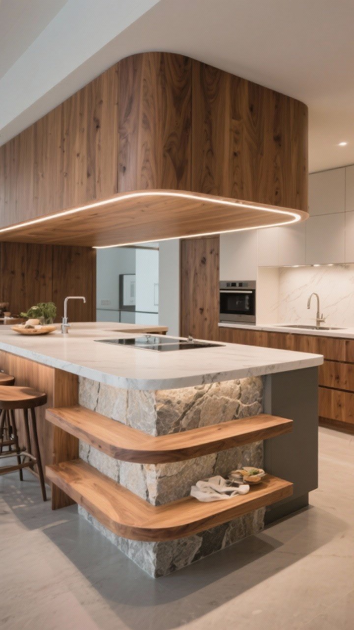 Detail/medium hybrid: A tiered island with a lower prep zone in stone and an upper dining tier at 36 inches in warm wood; the dining side features a rounded corner and micro-edge profiles (eased or pencil) for crisp modern lines; contrasting materials clearly separated for function zones; subtle task lighting with soft ambient fill; slightly elevated angle from the dining side to show height difference and hidden prep mess; photorealistic, no people.