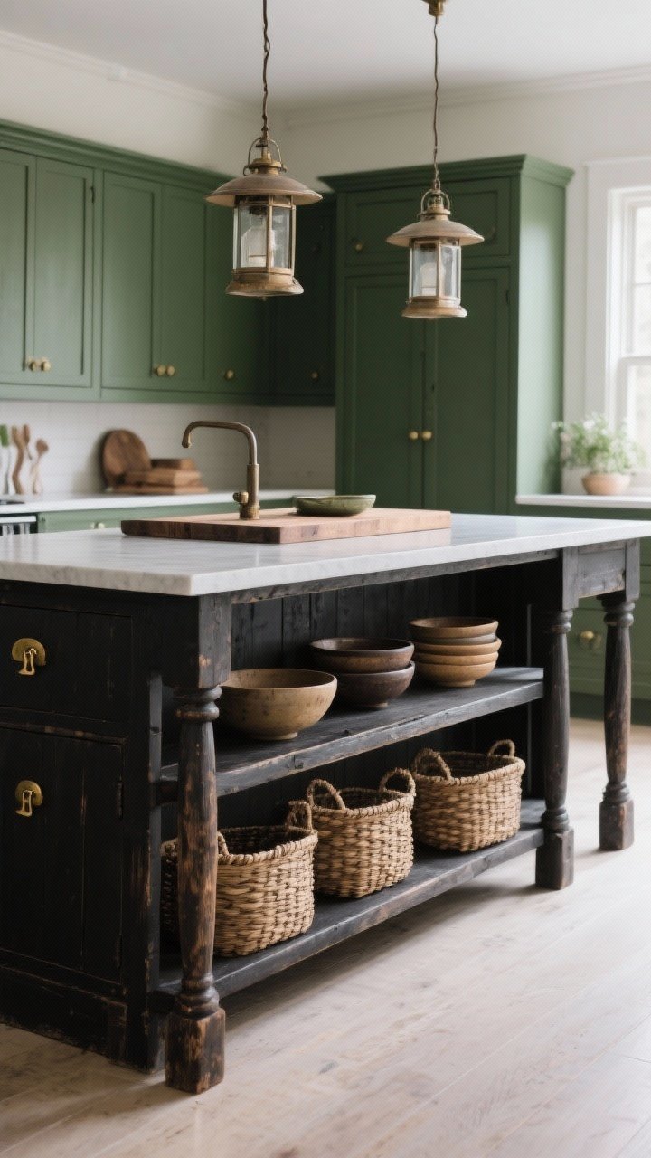 Detail/medium shot of a slim, furniture-style rustic island on legs: 36–42 inches of visible clearance around it, open lower shelving with woven baskets and stacked bowls, thin-profile countertop (no chunky edge), antique workbench or vintage butcher’s block character, iron or patina brass hardware, two petite pendants above (not one large lantern), island in soft black or inky green grounding light cabinetry in the background; photorealistic, side angle with soft daylight.