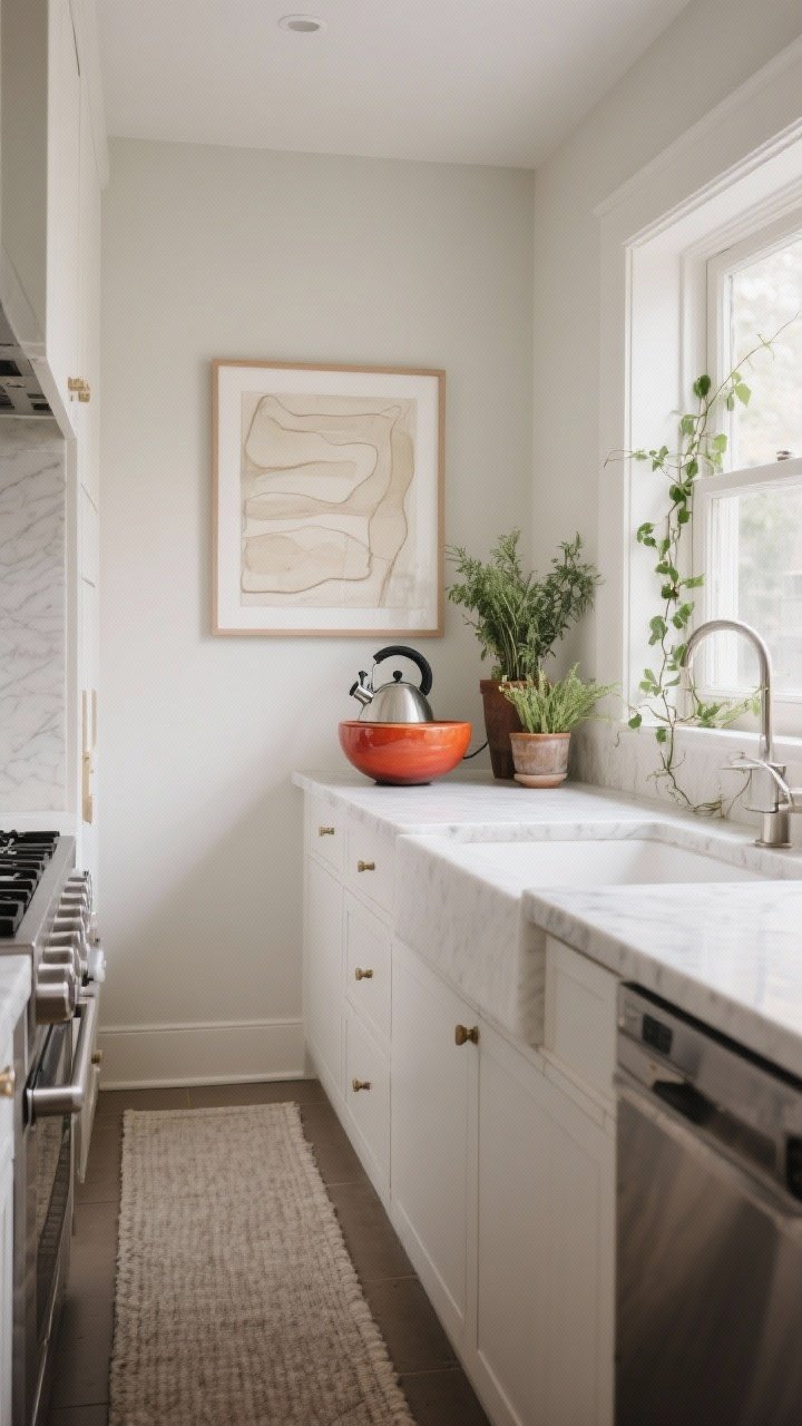 Detail/medium styling vignette: A neutral, calm kitchen corner with one saturated color pop—a bold ceramic bowl or electric kettle on the light quartz counter; a single large-scale art piece on the wall instead of a gallery; an upright pot of herbs on the windowsill and a trailing vine near the window; a slim, low-pile washable runner elongating the galley floor; edited, restrained decor that still shows personality.