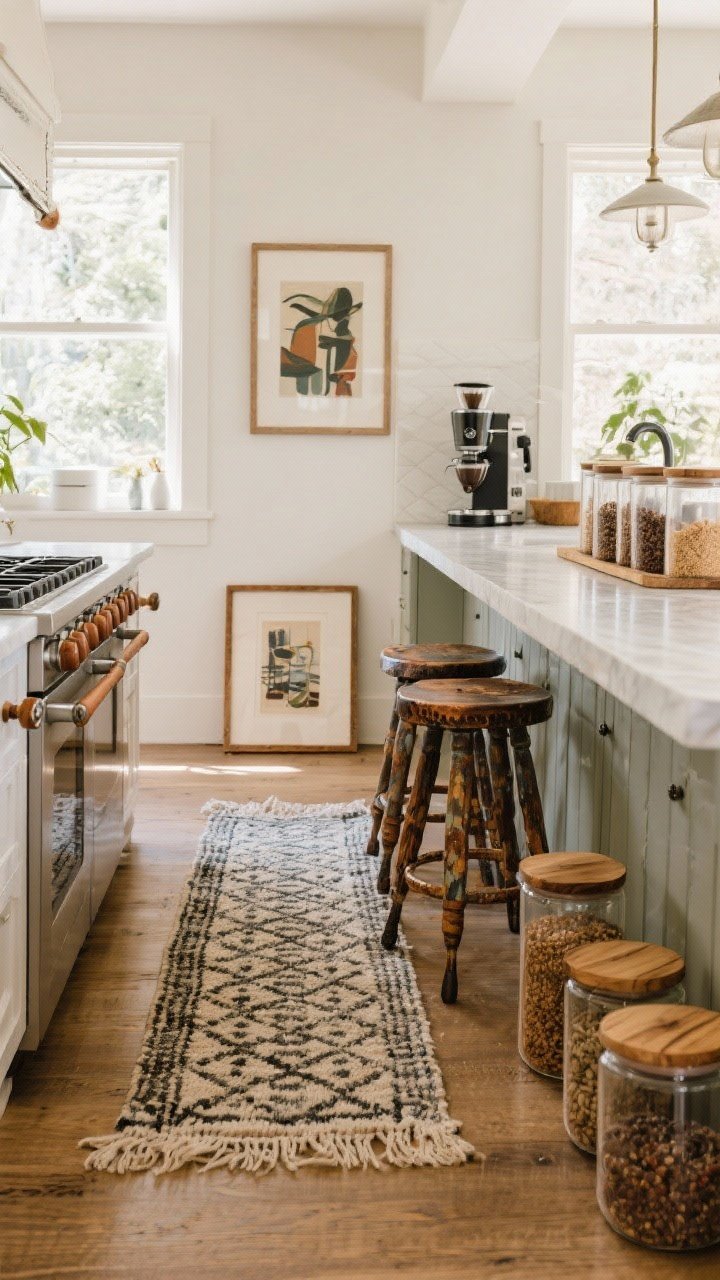 Detail-rich medium shot showcasing personality-forward accents: a low-pile patterned runner on the kitchen floor, a framed art print propped near the coffee zone, vintage wooden stools with patina at the island, and glass canisters with wood lids neatly decanting dry goods. Warm, lived-in mood with natural daylight; unique hardware like leather pulls or hammered knobs subtly visible.