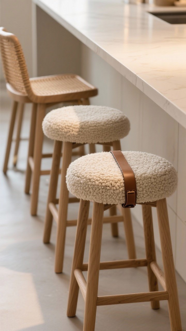 Detail shot: A row of textured stools at a quiet minimalist island—bouclé seats with simple silhouettes and pale oak frames, woven leather strap details on one stool for variation, cane back on another; natural materials only, seat heights appropriate for counters (24–26 inches), warm ambient light accentuating the tactile textures, island kept visually quiet.