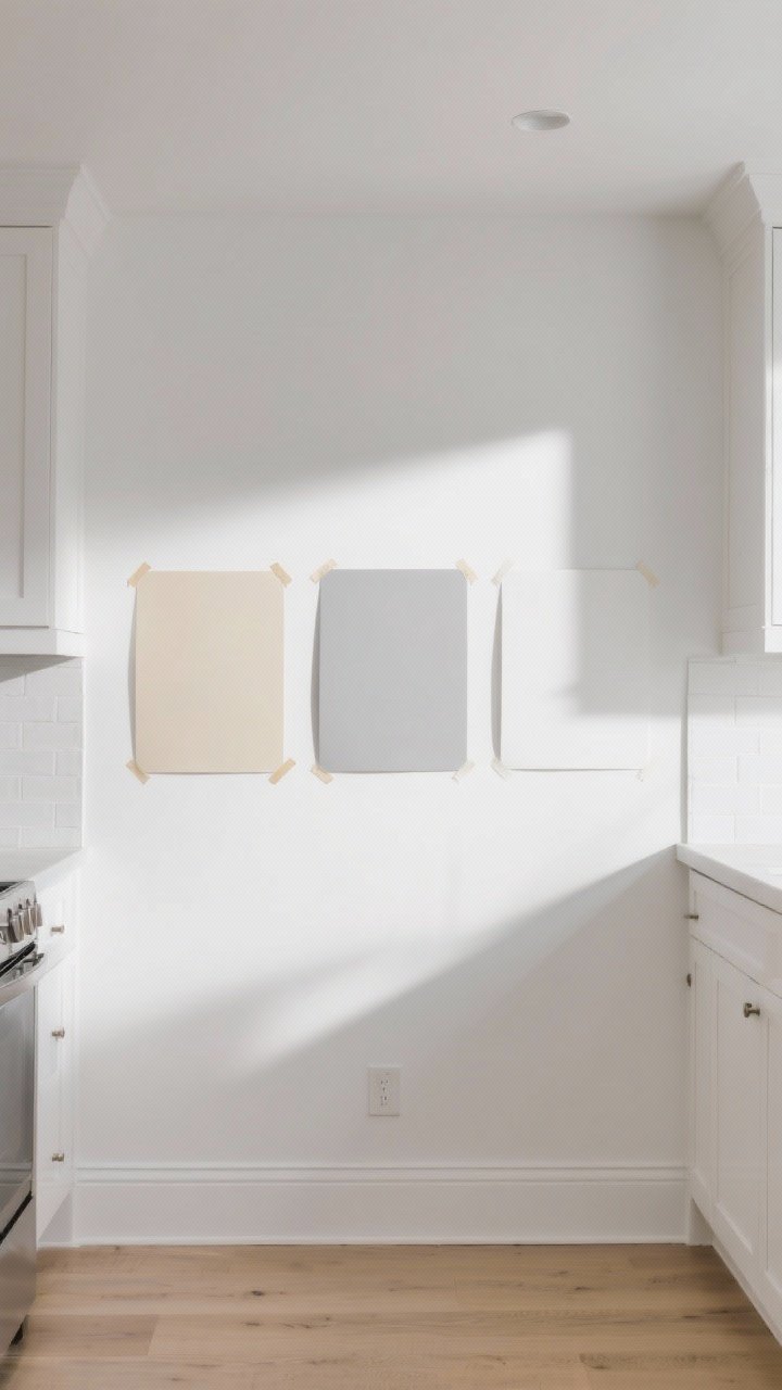 Detail shot: A straight-on view of three large painted poster board swatches taped to a white kitchen wall under mixed lighting—one creamy warm white (for north-facing), one crisp white with a slight gray undertone (for south-facing), and one balanced neutral white; the scene includes a hint of light wood flooring and white trim to show how undertones shift through the day.