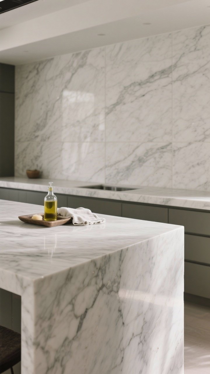 Detail shot: A waterfall island in honed marble or quartzite with subtle veining, full-height matching backsplash in the background for minimal grout lines. Rounded eased edges on the countertop, a small tray with mineral oil bottle and cloth nearby hinting at care. Soft, diffused natural light skimming the honed surface to reveal texture; photorealistic stone detail.