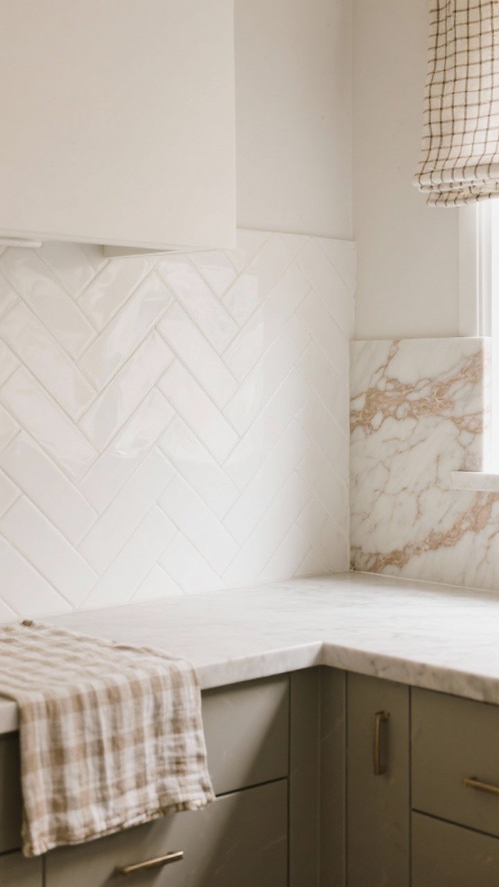 Detail shot blending soft pattern and subtle color: close view of a white backsplash laid in herringbone for quiet movement, adjacent to a countertop slab with gentle taupe/caramel veining (Danby/Calacatta look); foreground includes a folded striped runner and a tiny-check cafe curtain corner. Neutral, earthy palette, soft diffuse lighting, no people.