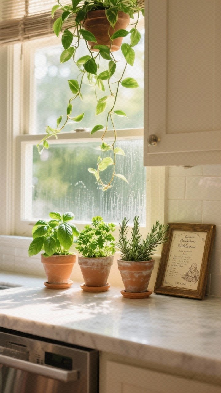 Detail shot by a sunny kitchen window: a trio of fresh herb pots—basil, parsley, rosemary—on the sill, a hanging pothos trailing from above to keep counters clear, and a petite framed recipe card from grandma leaning against the sash. Soft morning light, condensation on the glass, lively green tones against warm neutrals, fresh and welcoming.