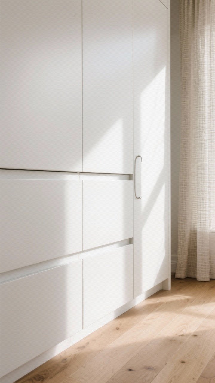 Detail shot: Closeup of flat-front slab white cabinets with a satin sheen, featuring integrated edge pulls; soft natural light grazing the surface to highlight the seamless, minimalist lines; warm white oak flooring visible at the base and a hint of linen/woven window treatment in the background to add cozy texture.