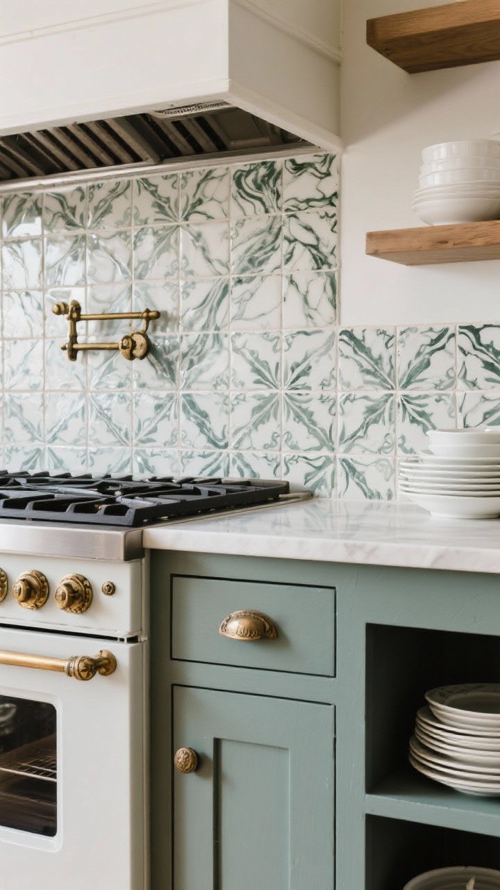 Detail shot focused on a “small dose” bold moment: a stunning backsplash of patterned tile with dramatic veining behind a modest range, paired with unexpected vintage brass latch hardware and one chunky pull on a drawer; nearby open shelf interior painted a contrasting muted color framing stacked white dishes; soft daylight with gentle reflections, surrounding finishes kept simple.