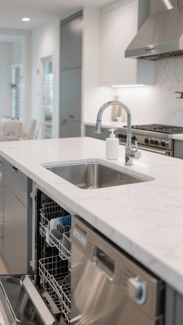 Detail shot focused on cleanup workflow at the island sink: dishwasher immediately adjacent on the same side with an empty landing counter for unloading; an undermount sink featuring a recessed drain and stainless drain grid minimizing splashes; soap dispenser and pull-down faucet installed, an air switch for the disposal on the deck; if cooktop present nearby, a sleek downdraft vent partially raised; bright task lighting, crisp, clean materials