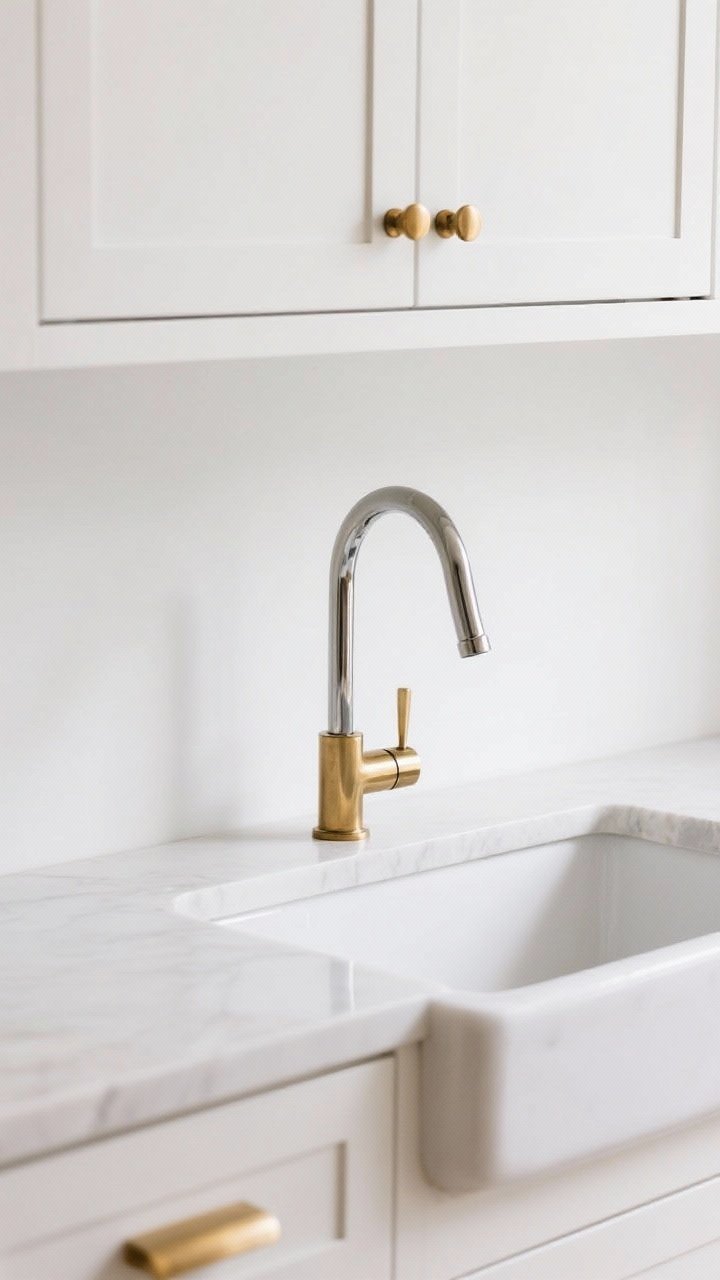 Detail shot focused on mixed metals in a white kitchen: closeup of brushed brass cabinet pulls on white cabinets, a polished nickel gooseneck faucet over a white sink, and matching brass hinges; the faucet is the visual star, with the brass as the dominant metal and nickel as the accent; soft warm reflections, crisp white backdrop, photorealistic, no clutter.