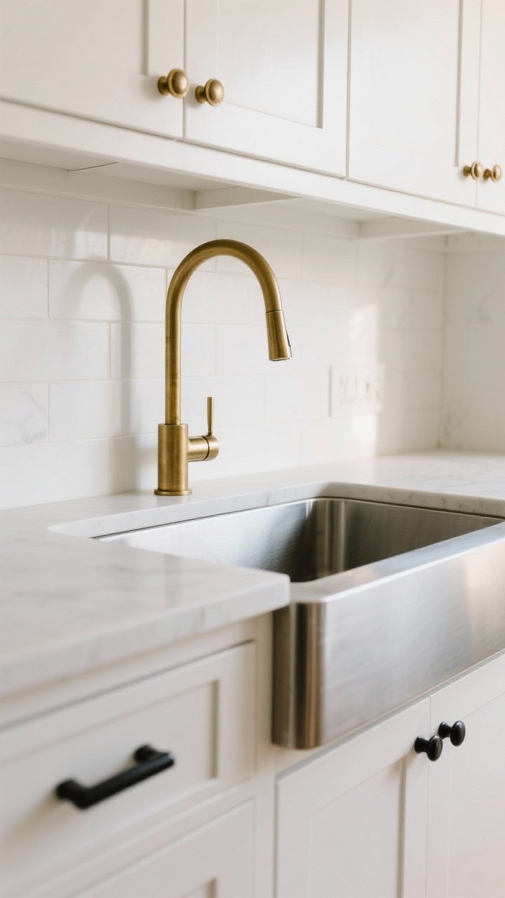 Detail shot focusing on mixed metals in a white kitchen: brushed unlacquered brass knobs on white shaker cabinets, matte black pulls on drawers, and a stainless steel undermount sink with a simple gooseneck faucet. Composition follows a 70/30 balance of brass to black, with stainless as a quiet utility element. Soft, warm ambient light with gentle reflections, no harsh glare, no people.