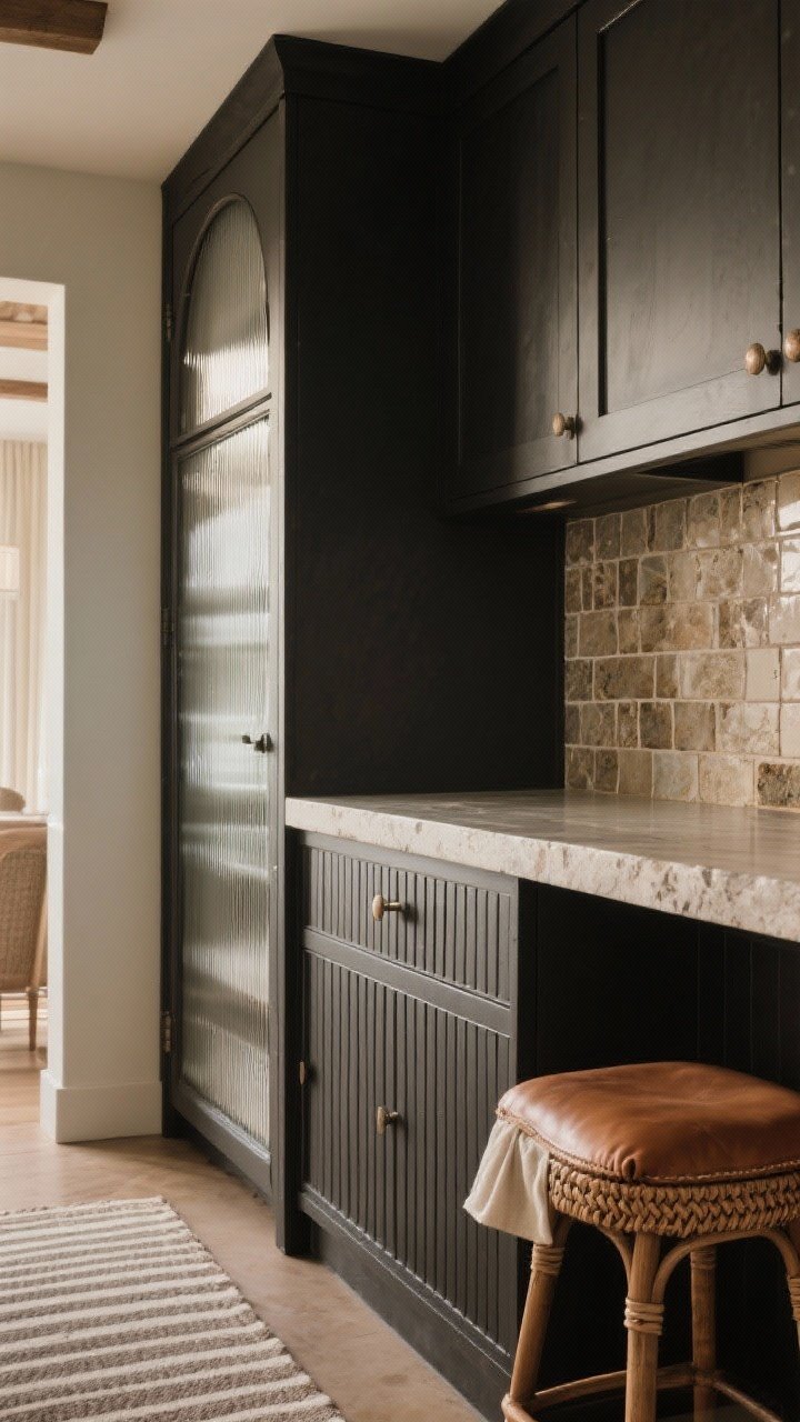 Detail shot focusing on texture layers: a section of dark matte cabinet beside honed stone countertop edge, handmade backsplash tile with slight variation, a fluted island panel or reeded glass cabinet door catching light, and woven/leather stool seat plus linen shade or striped runner corner; warm, tactile lighting that reveals surface depth; photorealistic.