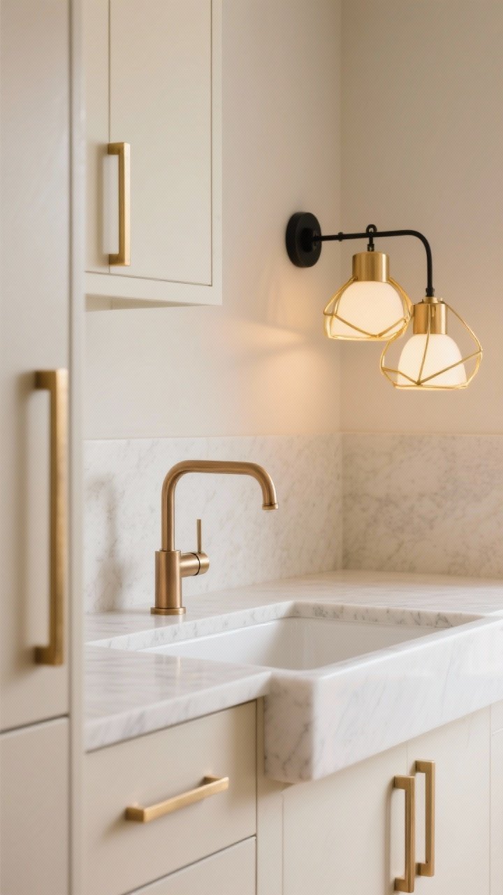 Detail shot of hardware and lighting: Warm metal accents on a beige-and-cream kitchen—brushed brass slim cabinet pulls, a matching champagne bronze faucet over a white-honed quartz sink deck, and a pair of pendants with soft gold frames; predominantly warm metals with a subtle matte black sconce arm in the background for light contrast; soft, glowy illumination, photorealistic.