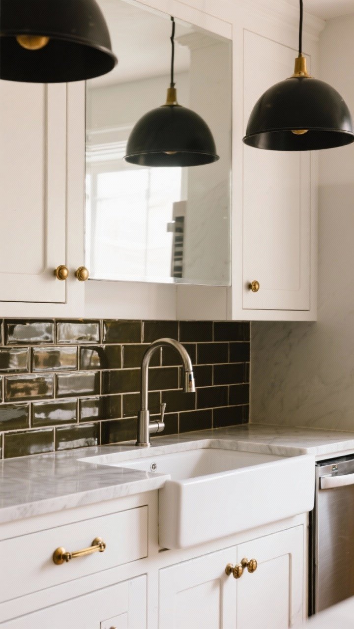 Detail shot, straight-on: A section of white cabinetry showing mixed metals—antique brass pulls and knobs on doors and drawers, paired with matte black dome pendants reflected in the nearby glossy subway tile. Include a simple, polished nickel gooseneck faucet over a white apron sink, with stainless steel appliances subtly visible in the background. Warm, diffused lighting emphasizing the metal finishes, photorealistic.