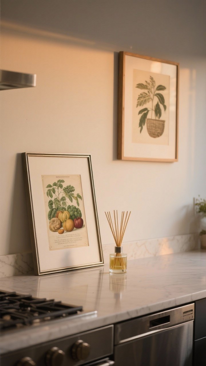 Detail-to-medium shot creating mood with art and scent: a kitchen counter with leaning framed vintage produce print in a steam-friendly metal frame, a reed diffuser emitting gentle fragrance (daytime herbaceous note implied), and a single statement art piece hung on a blank wall in the background. Warm evening light suggests rotating to vanilla/cedar at night. Clean surfaces, cohesive tones, inviting ambiance; photorealistic.