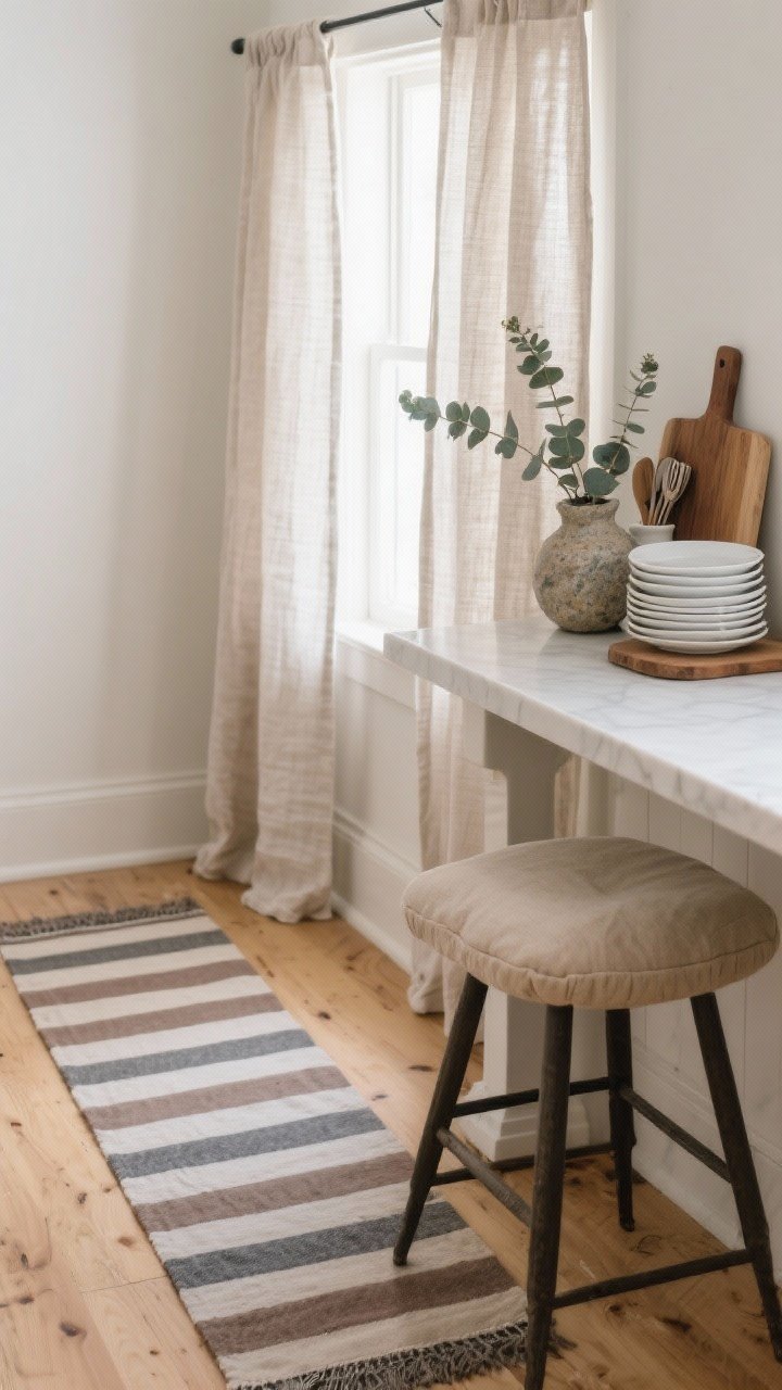 Detail vignette bringing softness with fabrics and styling: closeup of a striped runner in taupe and slate on light oak floors, linen cafe curtains filtering daylight at a small window, and a cushy barstool cushion in neutral oatmeal; styled essentials nearby: stacked white dishes, a ceramic utensil crock, and a warm wood cutting board; a small stone vase with eucalyptus adds gentle greenery; soft morning light enhances texture and calm mood.