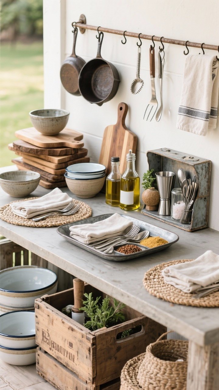Detail vignette: Purposeful styling on a rustic outdoor counter—stacked wood cutting boards and trays, a large tray corralling oils, salts, and spices; enamelware and stoneware bowls ready for serving; woven placemats, folded linen napkins, and hammered metal flatware arranged neatly; a rail with hooks holding cast-iron pans, tongs, and towels; a vintage crate forming a compact outdoor bar kit with shaker, muddler, and bottles for herb cocktails; clean, uncluttered, photorealistic.