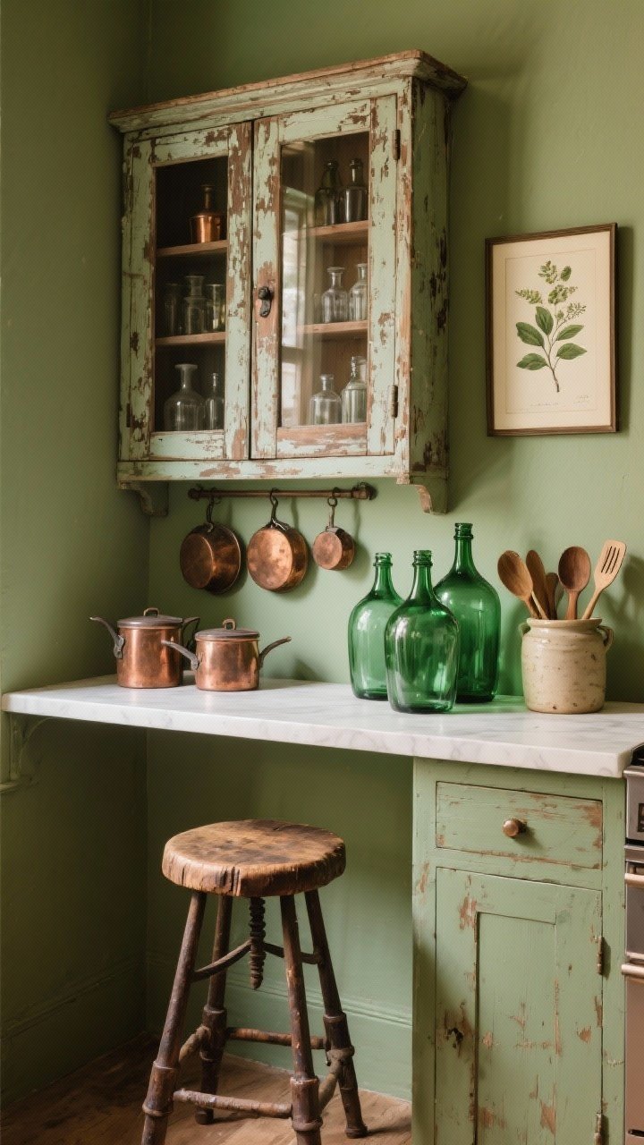 Detail vignette, straight-on: Curated vintage styling on a rustic green kitchen backdrop—a distressed wood hutch as the hero piece, an antique butcher block stool, a cluster of green glass demijohns and apothecary bottles, a small display of aged copper pots, a framed botanical print on the wall, and a ceramic crock holding wooden utensils; warm, diffuse lighting highlighting patina and texture without clutter.