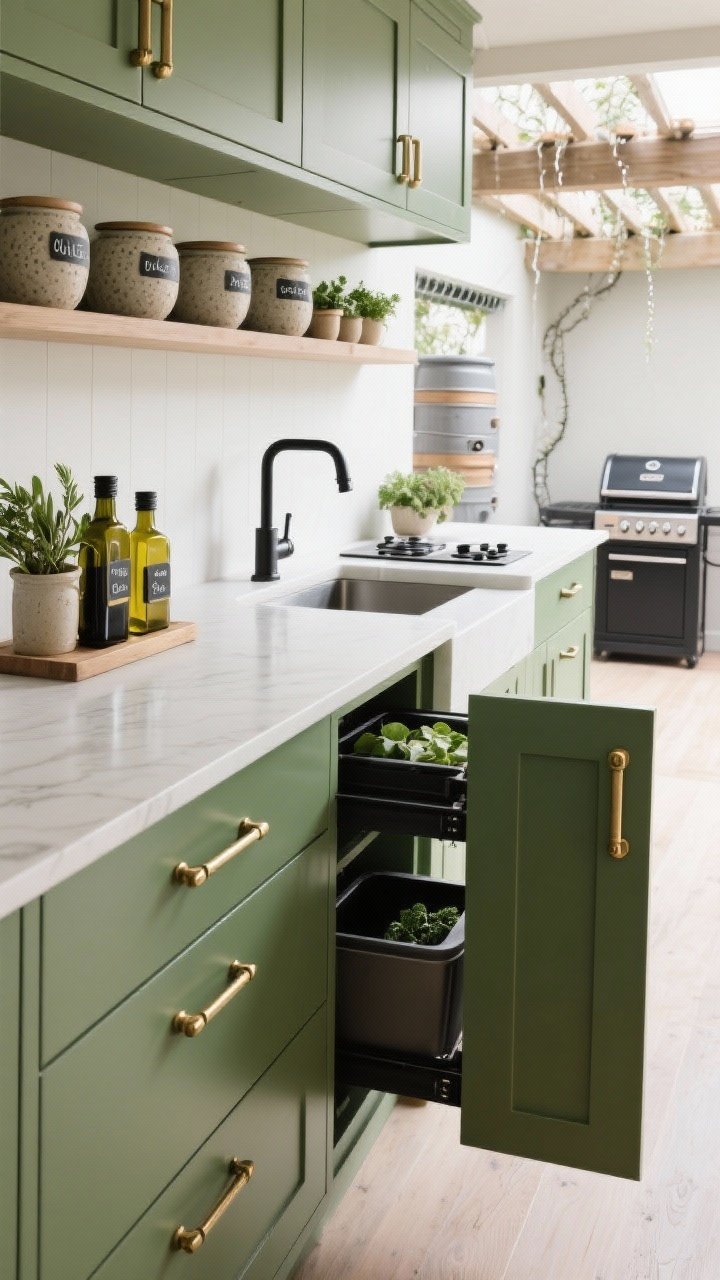 Detailed closeup montage of finishing touches on green cabinetry: brushed brass and blackened steel pulls laid out beside an installed handle for comparison; an open shelf styled with stoneware, olive oil bottles, and a neat row of labeled herb jars; a pull-out hidden trash/recycling/compost bin slightly extended; a slim prep sink with filtered tap; a compact induction hob and a pellet grill in background; a rain barrel connected to pergola guttering; bright, neutral daylight to showcase function and craftsmanship.