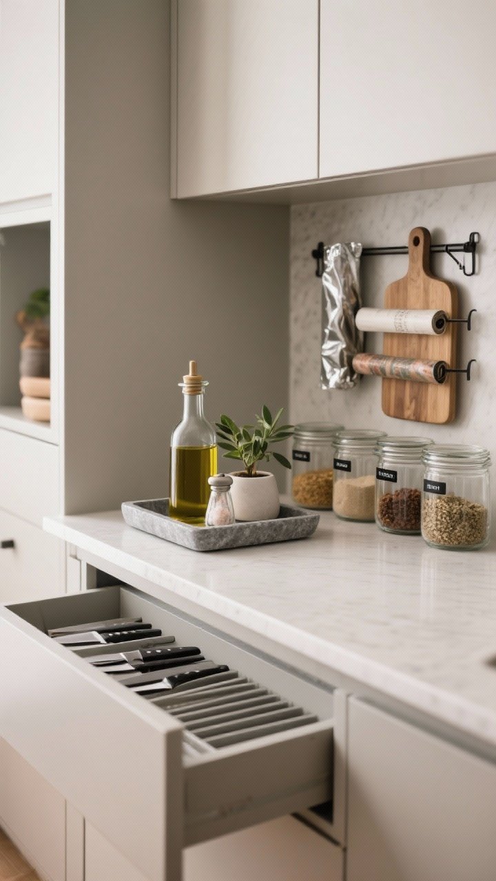 Detailed closeup of a decluttered countertop vignette: a matte stone tray corralling daily essentials (olive oil decanter, salt cellar, small plant), labeled uniform glass jars for dry goods aligned on a low open shelf, a drawer slightly open showing vertical knife file and spice drawer dividers, and a cabinet door ajar revealing a door-mounted rack holding foil, wraps, and a cutting board; soft, even lighting highlighting order and clean lines.