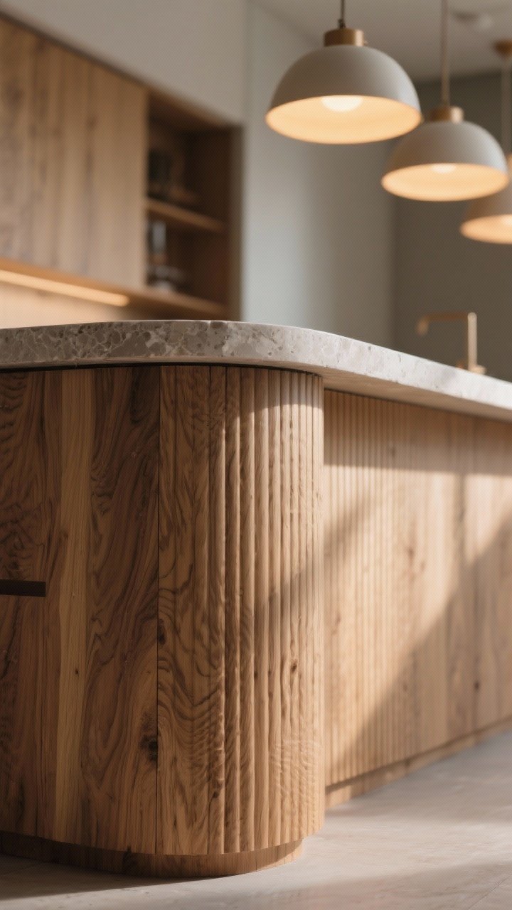 Detailed closeup of a fluted and textured island face in natural oak or ash with visible grain, vertical ribbing casting subtle shadows under warm pendant lighting; matte or honed stone countertop edge visible above, with a clear matte finish on the wood preserving an organic look; shallow depth of field to emphasize texture and shadow play; no people