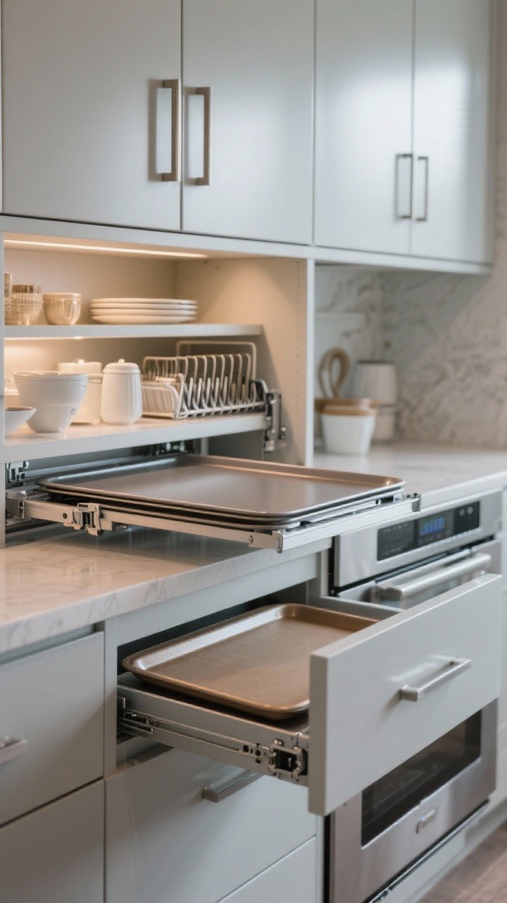 Detailed closeup of inside-cabinet tech: a pull-down shelf lift being shown in the lowered position from a high upper cabinet with neatly organized light items; a lid organizer mounted on a pull-out holding pan lids vertically; toe-kick drawer slightly open with baking sheets; hinges and slides are soft-close, captured mid-motion for a premium feel; cool, even lighting on satin cabinetry.