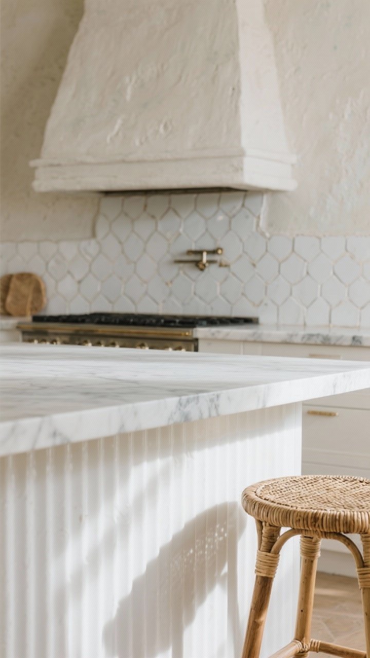 Detailed closeup of layered textures in a white kitchen: fluted/ribbed white island panel creating shadow play, adjacent to a section of handmade white zellige tile backsplash with imperfect gloss; include a slice of honed marble countertop edge and a plaster range hood base in the background; add a woven rattan barstool seat corner and a touch of limewash wall texture; soft, diffused afternoon light to accentuate matte vs polished surfaces; ultra-realistic macro depth of field.