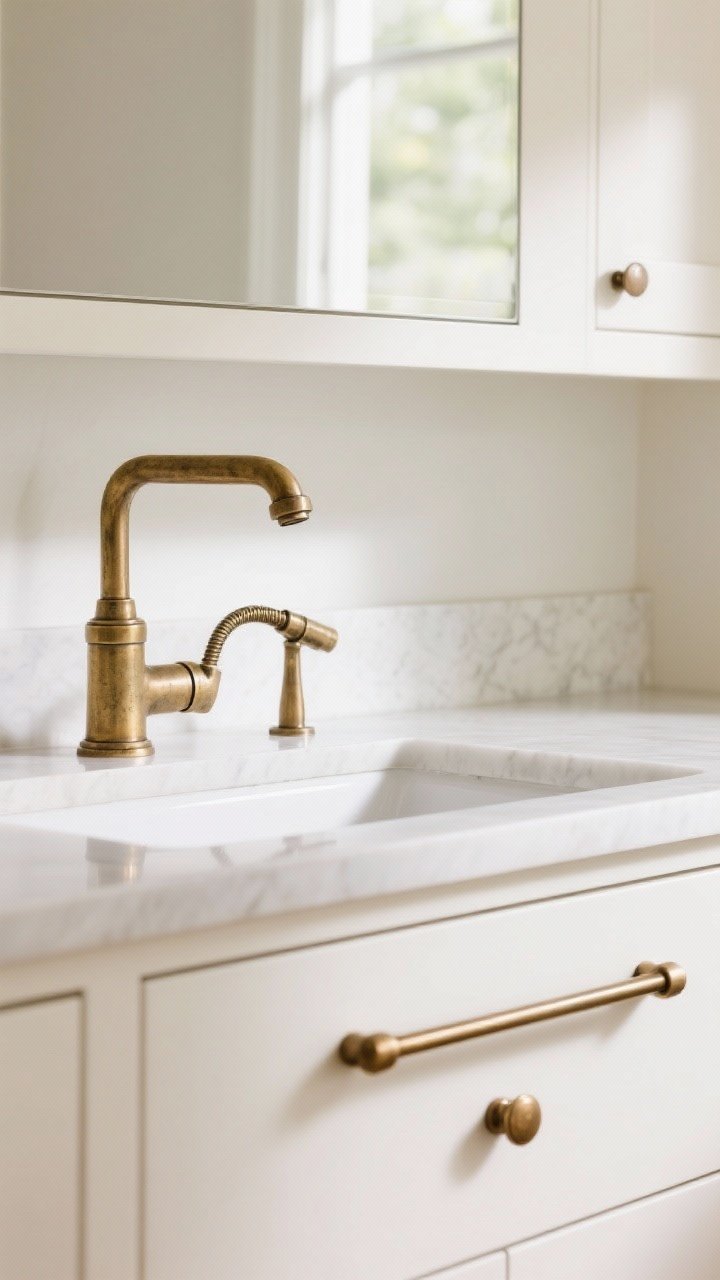 Detailed closeup of quiet-luxury hardware and fixtures: unlacquered brass bridge faucet with matching side sprayer over a white sink, showing subtle patina; linear bar pulls in matte/brushed brass on a drawer front and a small coordinating knob on an upper cabinet door; finishes intentionally varied (e.g., brushed faucet, matte pulls) but metal tone matched; bright, neutral daylight to capture metal texture and reflections against ivory cabinet paint.