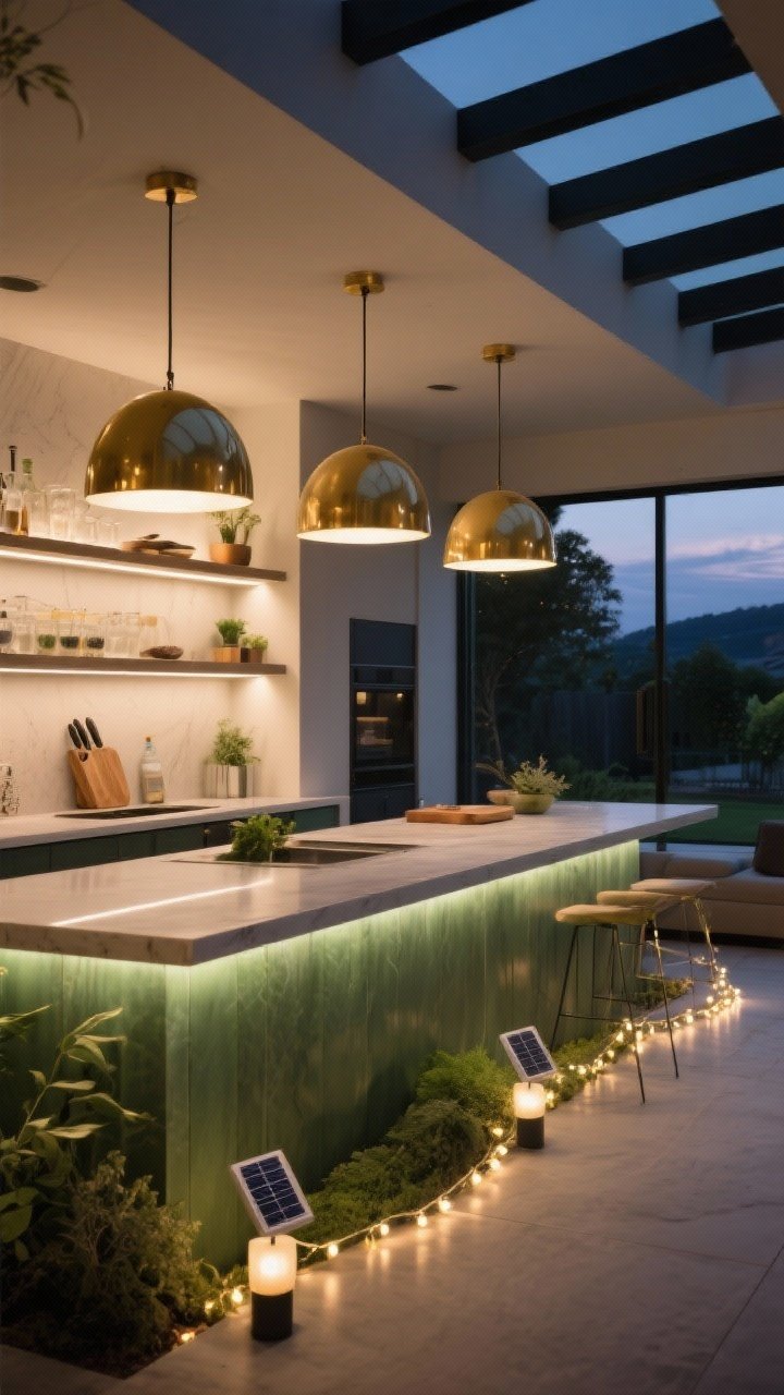 Evening ambiance shot focused on lighting layers: task lighting under floating shelves illuminating a chopping zone, warm brass dome pendants over a bar counter, subtle LED strip lights under the countertop edge creating a floating effect, and solar path lights plus soft string lights providing cozy ambient glow; color temperature set to 2700K–3000K; photorealistic twilight scene, straight-on wide view that flatters surfaces and greens.