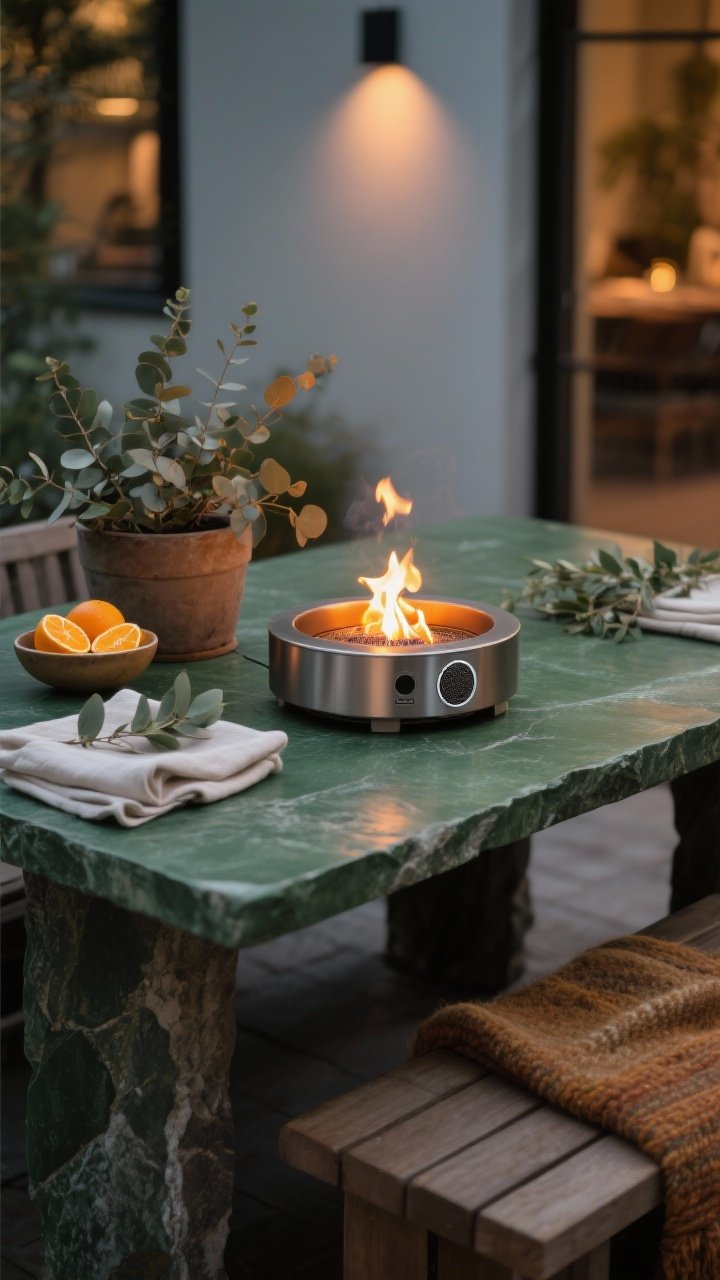 Evening medium shot capturing atmosphere: a compact tabletop fire bowl on a green-toned stone dining table, soft flames reflecting on brushed metal. A weatherproof Bluetooth speaker discreetly tucked inside a planter under a bench. Seasonal styling: citrus and linen accents for summer (citrus in a shallow bowl, linen napkins) or eucalyptus sprigs and a wool throw for fall. Low-smoke ambiance, small distributed speakers implied, warm cinematic lighting, photorealistic.
