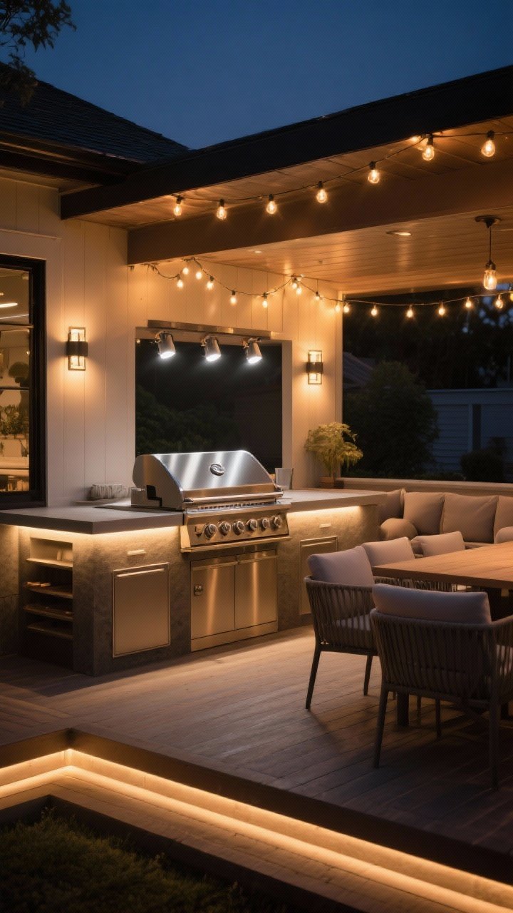 Evening medium shot focusing on layered lighting: adjustable LED task spots aimed at the grill grates and under-shelf task lights, warm ambient bistro string lights and wall sconces around seating, and accent under-counter LEDs and deck step lights creating depth. Color temperatures are consistent: 3000–3500K at the cook zone, 2700–3000K for ambient. Show the grill surface evenly illuminated and the seating area glowing invitingly, no people, photorealistic night scene.