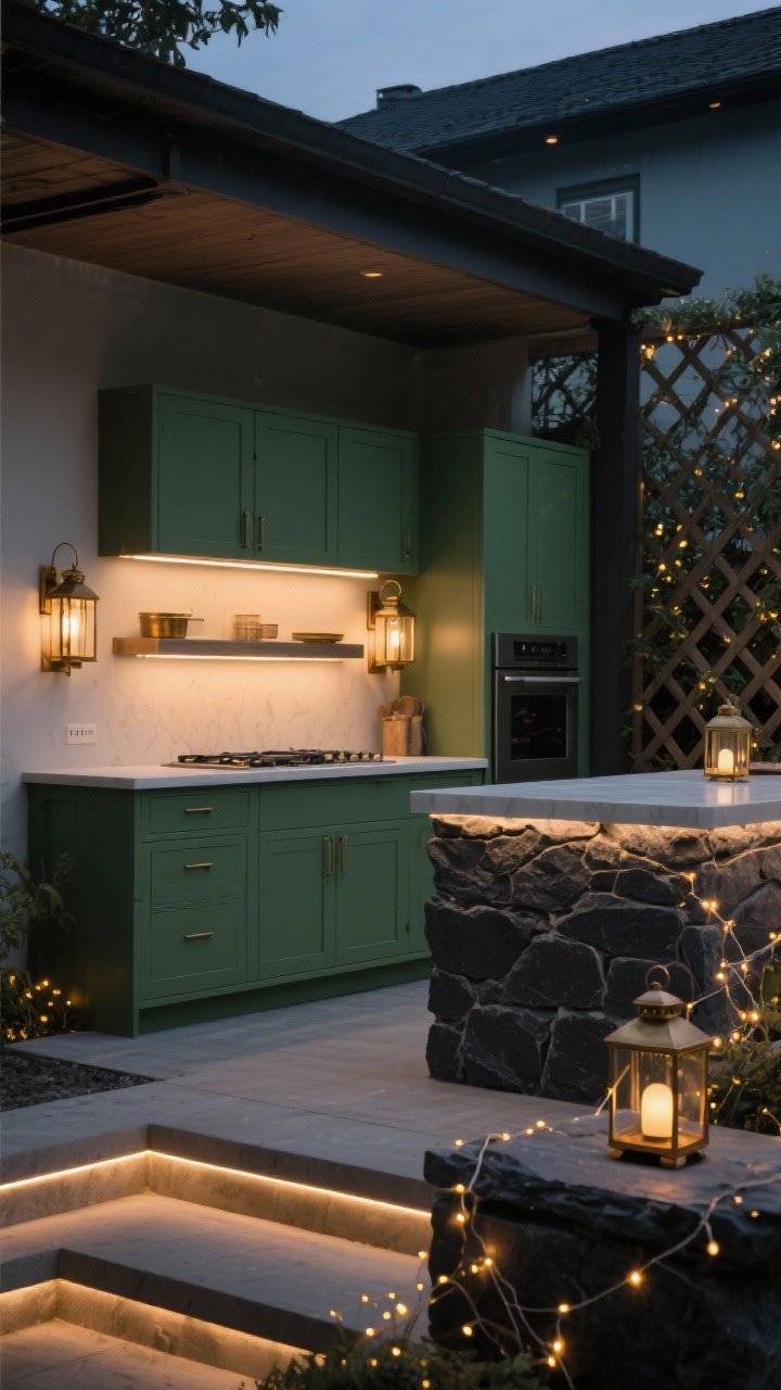 Evening medium shot of layered outdoor kitchen lighting: slimline LED task strips under shelves and counter lips illuminating the cook surface; warm 2700–3000K lantern-style sconces in aged brass providing ambient glow; subtle strip lighting on steps and tiny warm fairy lights woven through a trellis for sparkle; a dimmer-friendly, cinematic mood without people; matte green cabinetry and charcoal stone softly lit.