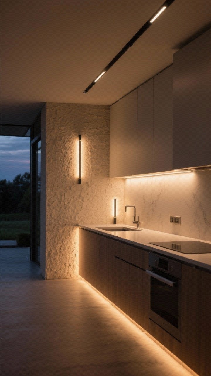 Evening mood shot (medium-wide): Minimal lighting layered for ambiance—warm 2700K under-counter LEDs creating a floating effect, slim architectural directional sconces washing a textured wall, and low, shielded path lights guiding along the perimeter; soft, cozy glow with dimmed intensity; no glare, no hotspots; the kitchen surfaces read clean and modern; photorealistic.