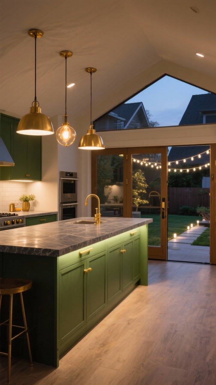 Evening mood wide shot focusing on layered lighting: dimmable brass pendants with warm bulbs over a green island, under-cabinet LED strips casting soft, even task light on a slate countertop, and warm-white outdoor string lights visible through open doors connecting kitchen to patio; add low, motion-sensor path lights guiding to the yard; matching brass finishes on indoor and outdoor fixtures; photorealistic glow.