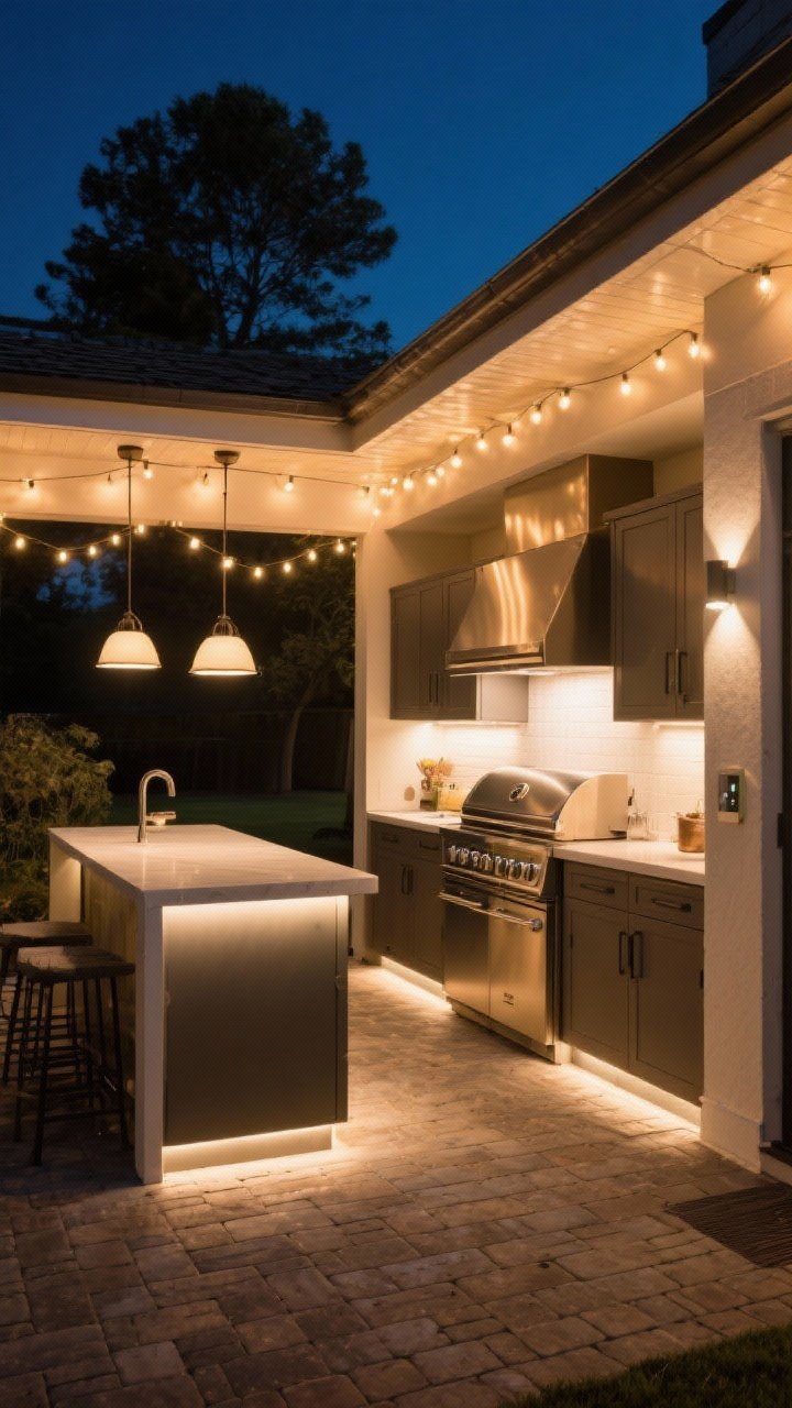 Evening wide shot of layered outdoor lighting: bright task lighting under cabinets and grill hood illuminating the prep zone, warm 2700–3000K string lights and a pair of pendants for ambient glow, and soft toe-kick LED accent lighting washing the paver floor; weather-rated fixtures, dimmed to a cozy level, all tied to a single smart switch; no people, just an inviting, functional night scene