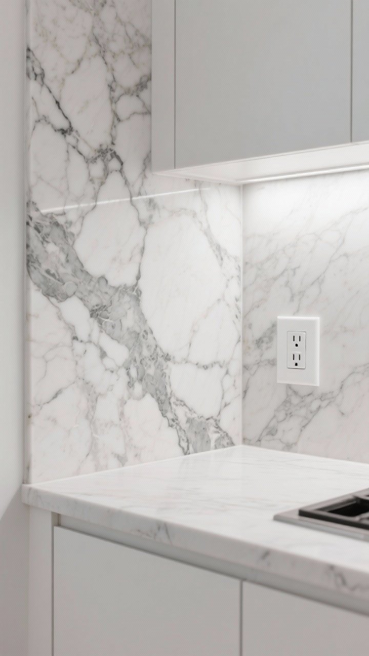Hero countertop scene in a white kitchen highlighting statement stone: closeup of a full-height backsplash slab with dramatic veining (choose bold-vein quartz or honed marble), the same stone running seamlessly from countertop up the wall; tight framing on the bookmatched veining near a white outlet cover to emphasize continuity; soft side lighting to show honed vs polished sheen; include minimal white cabinetry edge and thin profile to keep stone the star; photorealistic finish.