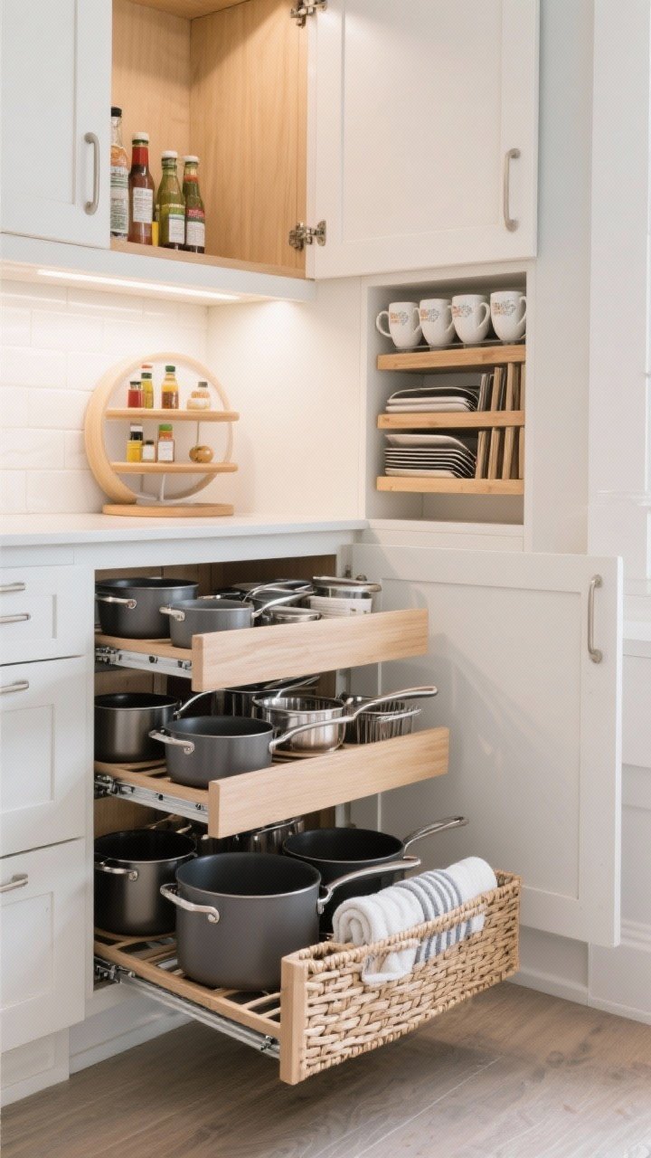 Inside-cabinet closeup showing optimized organizers: a lower base cabinet with full-extension pull-out shelves displaying neatly arranged pots, a corner cabinet featuring a lazy Susan with condiments, tiered risers doubling mug storage, vertical dividers filing sheet pans and lids, and an under-shelf basket holding wraps and towels; bright, even cabinet lighting to reveal every inch; precise, measured fit.