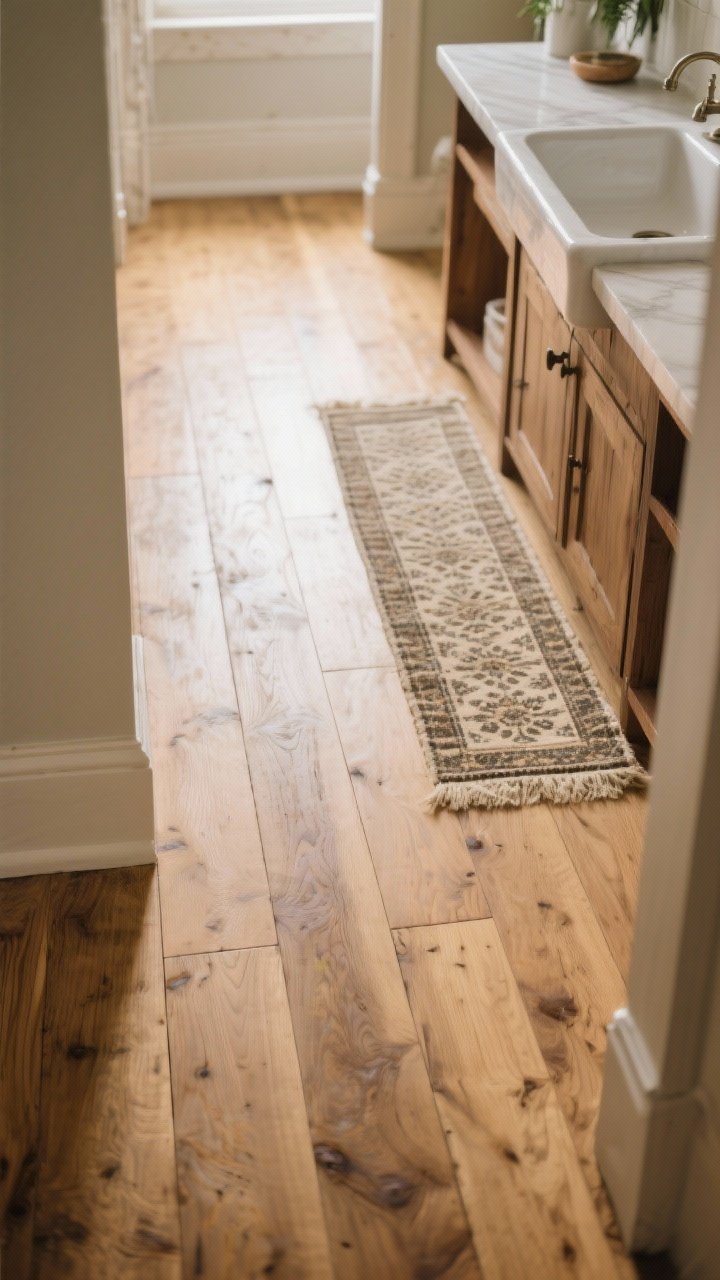Low-angle floor-focused shot: wide-plank matte oak flooring in a neutral honey tone grounding the room, with a vintage-style runner layered in front of the sink—patterned, slightly faded, and practical. Surroundings are softly blurred to keep attention on sheen and grain. Natural daylight skimming across the boards to reveal texture; clean, warm mood.