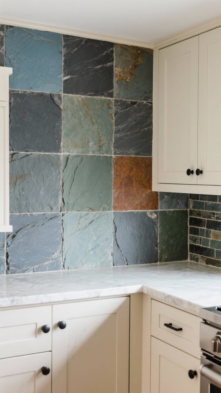 Medium-angle corner shot of a slate tile backsplash with mixed formats (3x6, 6x6, 6x12) and color variation—blues, charcoals, greens, and rust; honed finish for easier cleaning (or slight cleft texture for rustic interest); black hardware and creamy/ivory cabinets for color harmony; pattern framed by a simple border; color-enhancing sealer enriching hues; balanced, neutral lighting, photorealistic.
