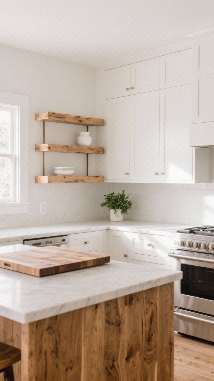Medium-angle corner shot warming a white kitchen with natural wood: white perimeter cabinetry paired with a natural oak island, thick floating wood shelves styled with simple white ceramics and a small potted herb; a butcher block prep zone inset near the range; soft midday light reflecting off white quartz counters; mood is welcoming and lived-in while remaining minimal; realistic grain and subtle patina on wood.