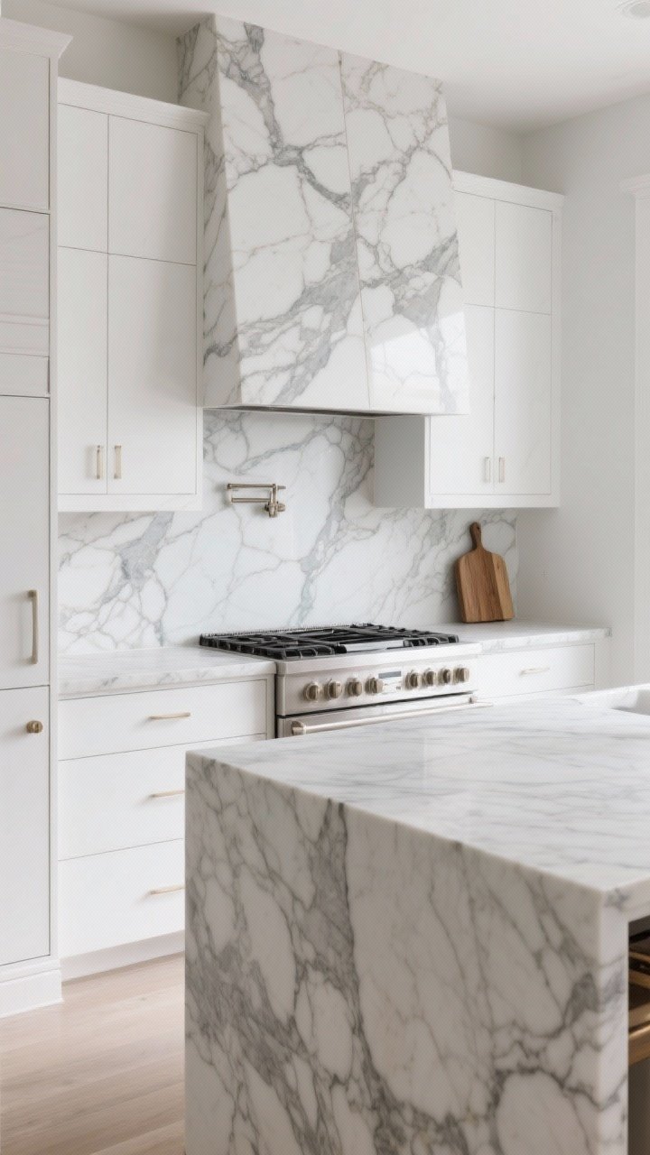 Medium angle of a white kitchen featuring dramatic stone: a bold veiny marble (or quartz with soft veining) bookmatched slab backsplash behind the range, paired with a waterfall-edge island in the same stone; surrounding white cabinets and walls keep the palette restrained; gentle daylight highlighting the veining, sealed stone surface with a cutting board nearby; corner perspective, photorealistic.