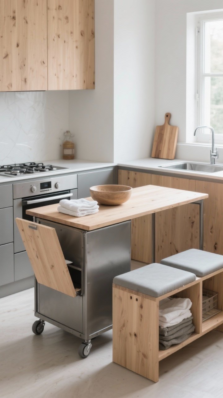 Medium-angle view of a compact kitchen featuring multipurpose furniture: a matte metal rolling island/cart with light wood top holding a bowl and towels, a slim drop-leaf table folded on one side, and storage stools/benches with lids slightly open revealing linens. Include a cutting board bridging over the sink to create extra counter space. Light woods and matte metal finishes that visually recede, bright daylight, clean and airy, photorealistic.