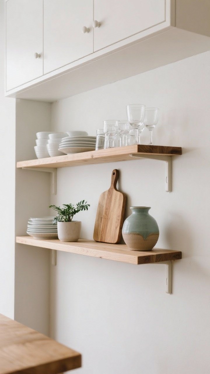 Medium, café-inspired vignette of open shelving done smarter: a single run of white oak open shelves breaking up upper cabinetry. Style with a restrained palette—white dishes, clear glassware up high, warm wood cutting boards, one small plant, and a muted accent color ceramic piece. Natural light, clean wall backdrop, everyday items within arm’s reach to signal practical, edited storage.