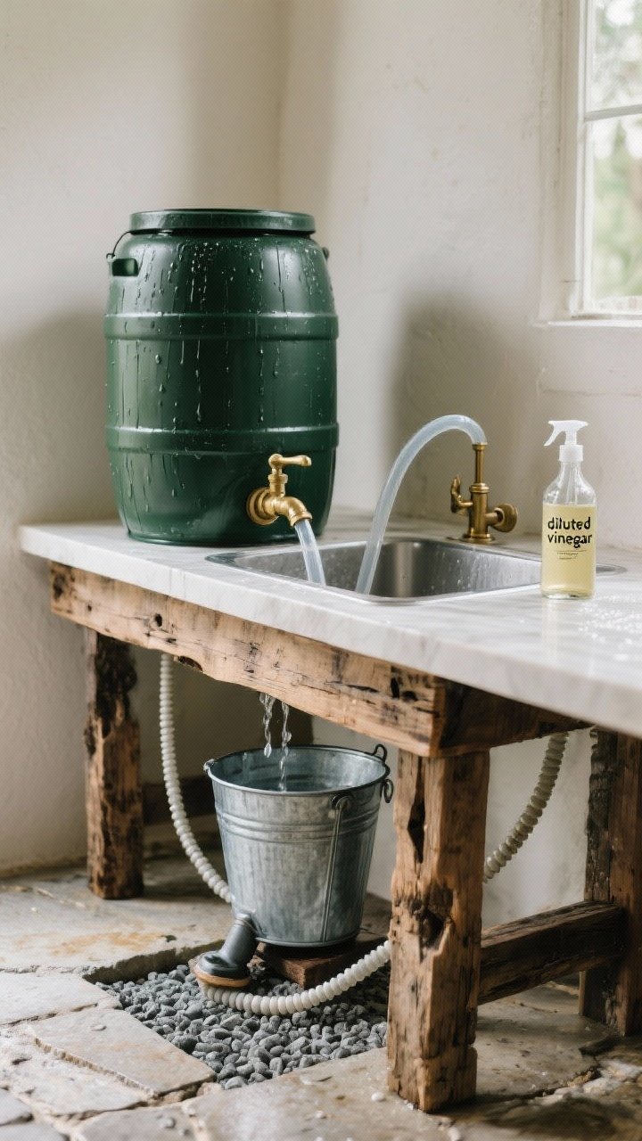 Medium-close shot: A gravity-fed rainwater sink station using a dark green rain barrel with a brass spigot, food-grade clear tubing feeding into a galvanized metal bucket sink set on a reclaimed wood stand. A foot pump at the base and a neatly dug greywater gravel trench nearby. Include a glass spray bottle labeled “diluted vinegar” on the counter. Soft natural lighting, damp stone textures and bead-like water highlights, clean utilitarian vibe. No people.