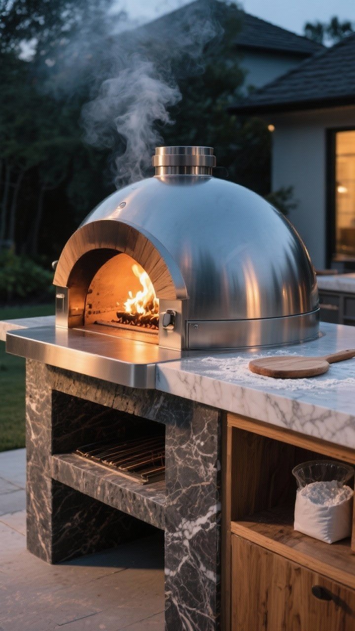 Medium closeup of a built-in pizza oven as the focal point of an outdoor kitchen: optioned as a wood-fired stainless dome set on a heat-resistant base with marble pizza prep zone beside it (flour dusted surface, wooden peel), subtle storage for flour; warm fire glow inside, slight smoke curl, code-compliant clearances visible; evening ambiance, no people