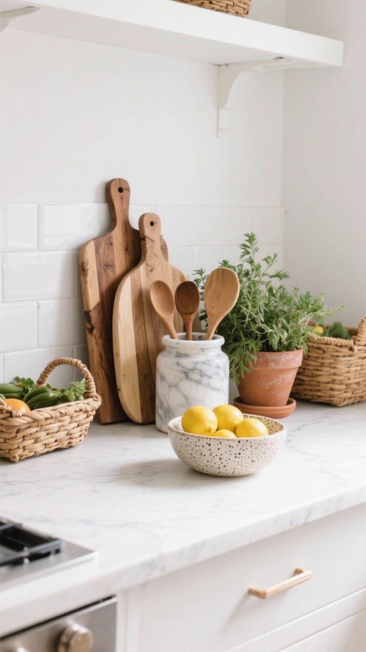 Medium closeup of a styled white kitchen counter and open shelf using natural, everyday materials: a stack of timber cutting boards leaning against a backsplash, a marble crock filled with wooden spoons, fresh herbs in terra-cotta pots, a speckled stoneware bowl with lemons, and woven baskets holding produce. Photogenic yet practical arrangement, warm daylight, clean white backdrop, no people.