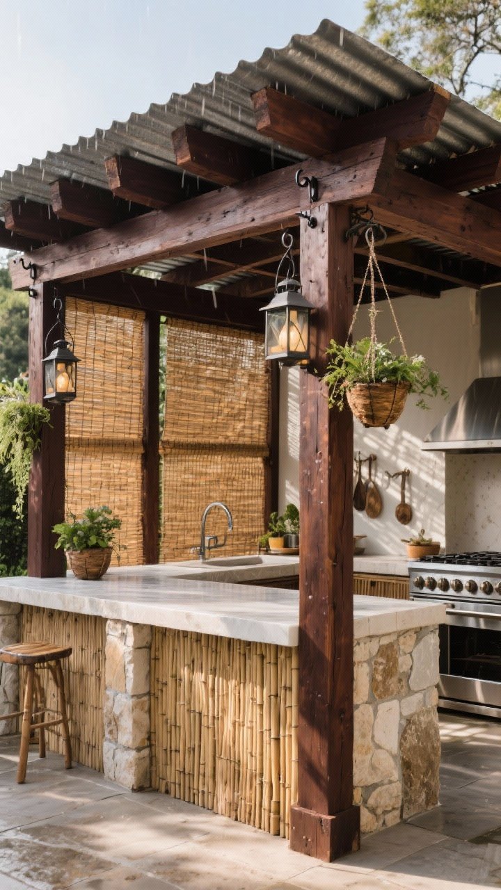 Medium corner angle: An outdoor kitchen framed by a timber pergola, stained a rich dark brown for contrast over light stone and weathered wood; optional corrugated metal roof panel over part of the space, with the suggestion of that cozy rain-on-metal vibe; sections of bamboo/reed panels woven for natural shade; hooks on pergola beams carrying lanterns and hanging planters for vertical interest; balanced light and shadow across the cooking area.