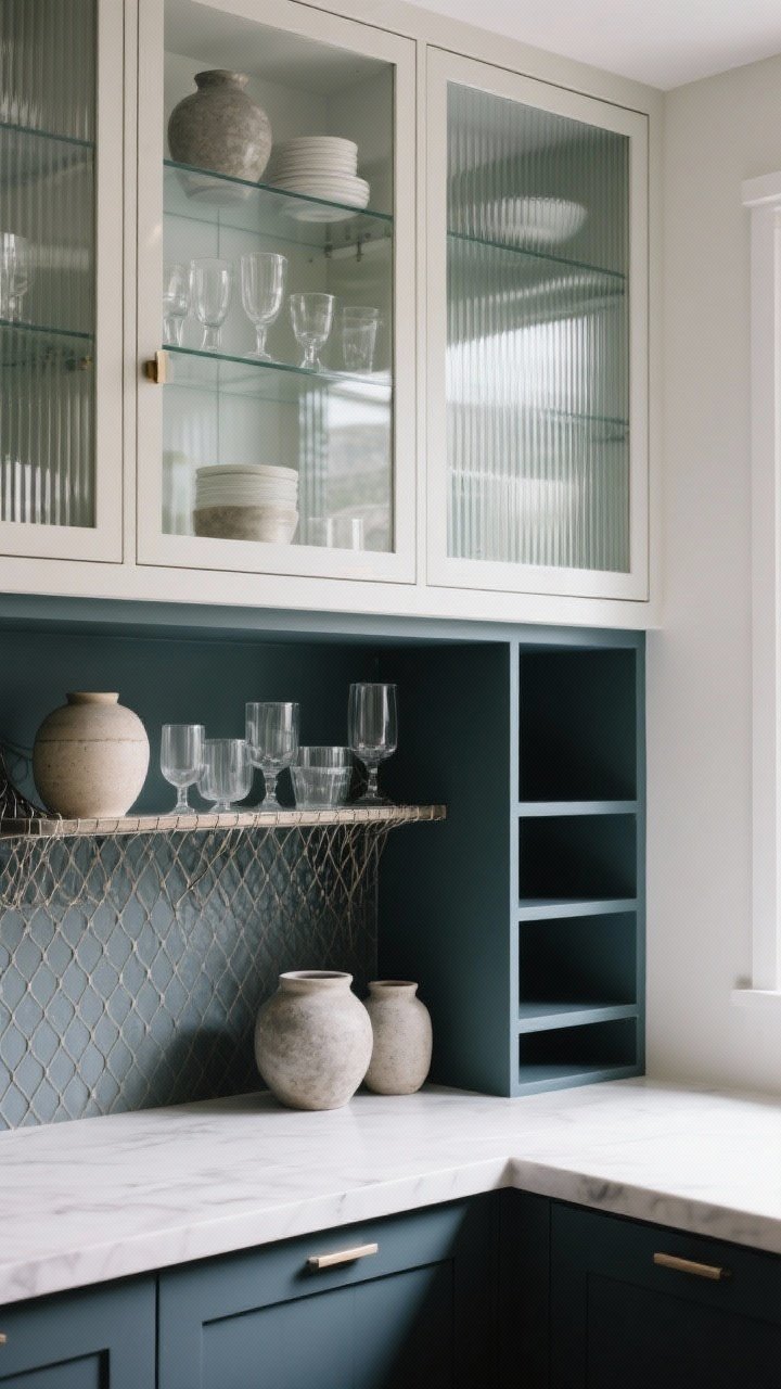 Medium corner angle of upper cabinets converted to glass fronts: one run with clear glass neatly displaying stoneware and glassware, another with ribbed/reeded glass subtly blurring contents. Add a cabinet with wire/mesh insert for texture. Include one open-shelving bay with the interior painted a contrast deep color. Natural light highlights the glass textures; photorealistic.
