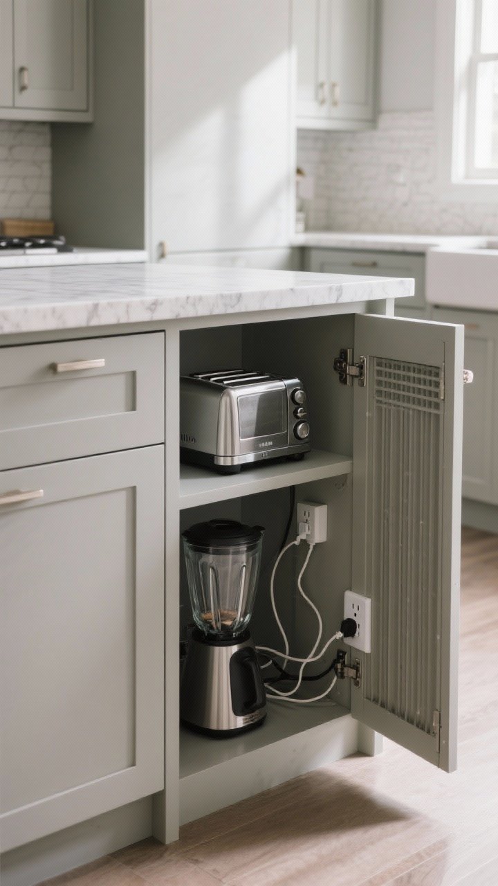 Medium corner-angle shot of a kitchen island featuring a flip-down/tambour-door appliance garage on the working side; door partially open to reveal a toaster and blender plugged into a built-in outlet strip, neatly managed cords, and a vented back panel; finish matches the island fronts for a cohesive look; matte painted cabinetry with subtle grain, quartz countertop above; soft, diffuse morning light for a clean, clutter-free counter feel