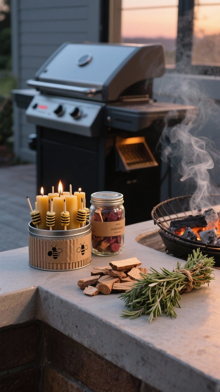 Medium, corner-angle shot of an eco-friendly fuel station beside the grill: DIY beeswax fire starters made from corrugated cardboard arranged in a tin, neatly labeled hardwood chips (apple, hickory, cherry) in jars, a pellet grill in the background with its hopper visible, and soaked herb bundles of rosemary and thyme ready to toss on coals; lid closed on the main grill to signal heat retention; warm twilight glow and gentle smoke.